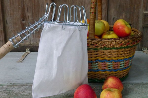 Apfelpflücker aus dickem Draht und Textilsäckchen, daneben Korb mit Äpfeln