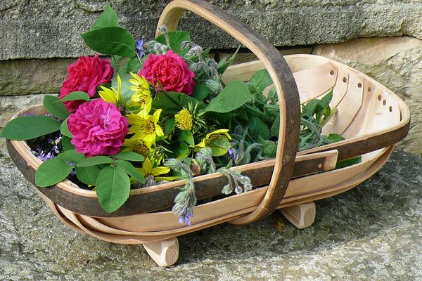 Sussex Trug aus England, Spankorb aus Weide und Süßkastanie mit Blumen gefüllt